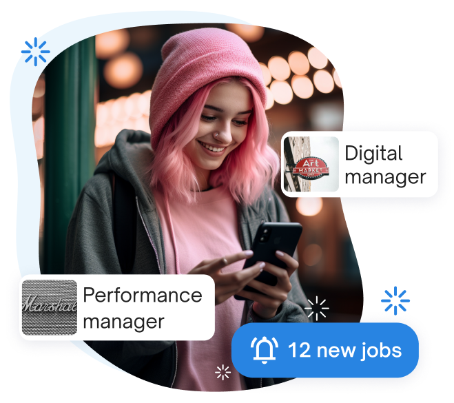Young woman with pink hair and beanie using a smartphone to look for a job as "Performance manager" or "Digital manager" on jobs.ch