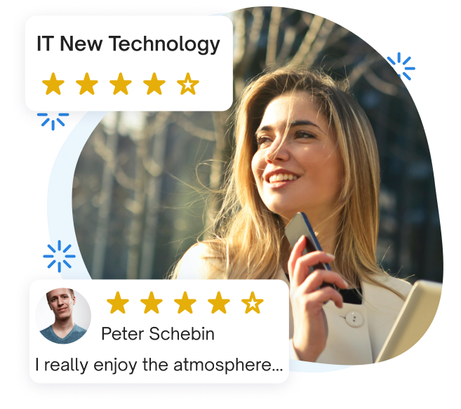 Smiling woman with smartphone exploring hiring companies' profiles and reviews on jobs.ch
