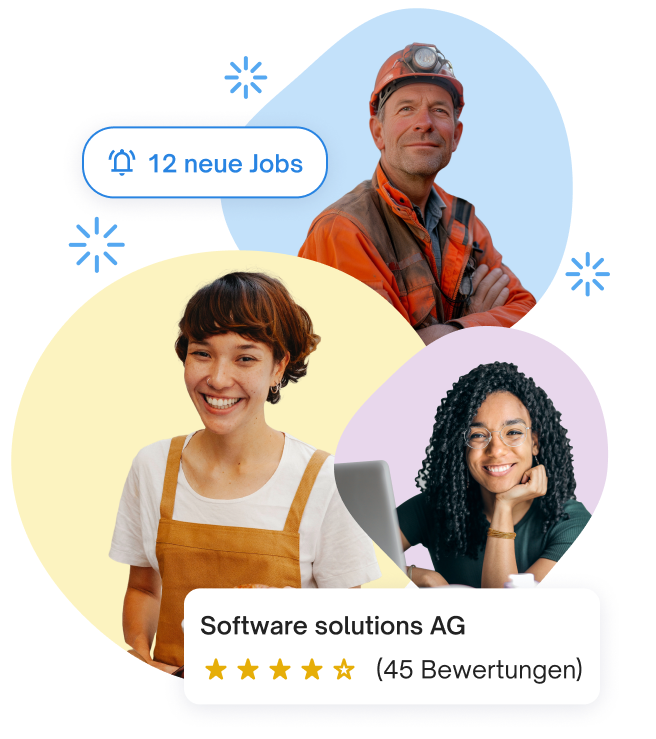 Ein Bauarbeiter, ein Barista und eine Büroangestellte, die alle ihren Traumjob über die führende digitale Jobplattform der Schweiz, jobs.ch, gefunden haben.