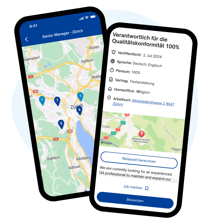 Zwei Smartphones, die eine Karte mit Jobs in Zürich und ein Stellenangebot namens "Quality Compliance Manager" auf der mobilen App von jobs.ch anzeigen.