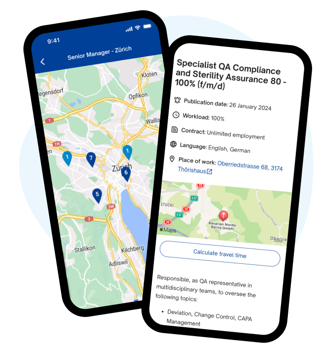Two smartphones displaying a job map for Zurich and a "Quality Compliance Manager" job listing on the jobs.ch mobile app.