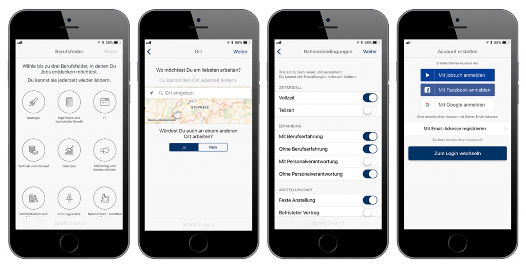 talentfly anmeldescreens nebeneinander