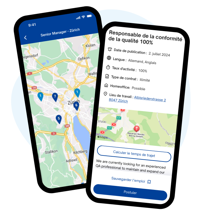 Deux smartphones affichant une carte des emplois à Zurich et une offre d'emploi "Quality Compliance Manager" sur l'application mobile jobs.ch.